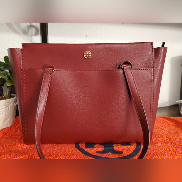 Tory Burch Parker Tote Imperial Garnet Leather Purse - Picture 1 of 8